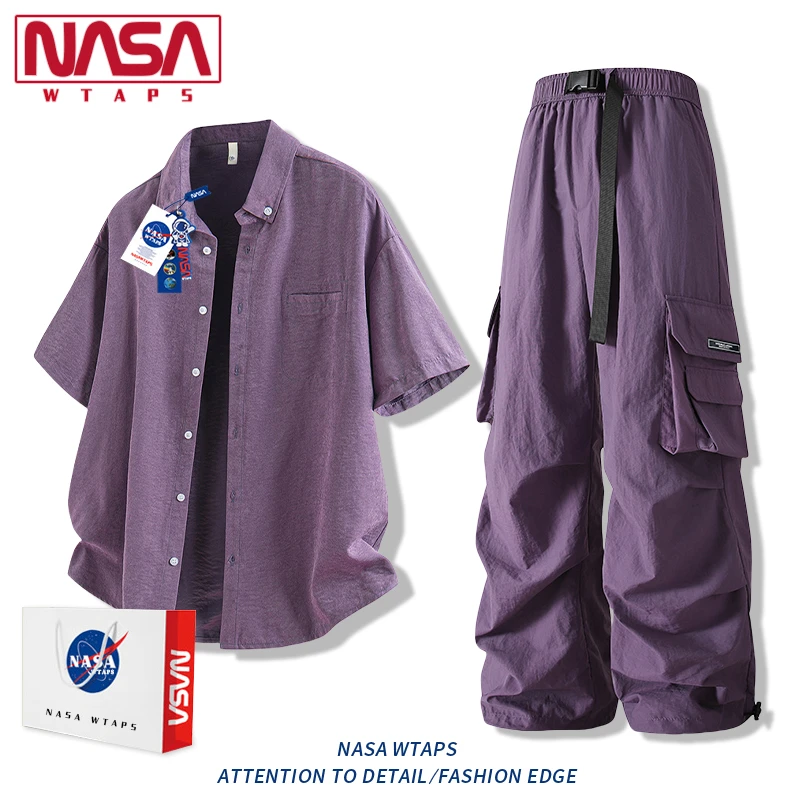 NASA WTAPS冰丝高级感短袖衬衫休闲套装夏季宽松男装搭配潮两件套