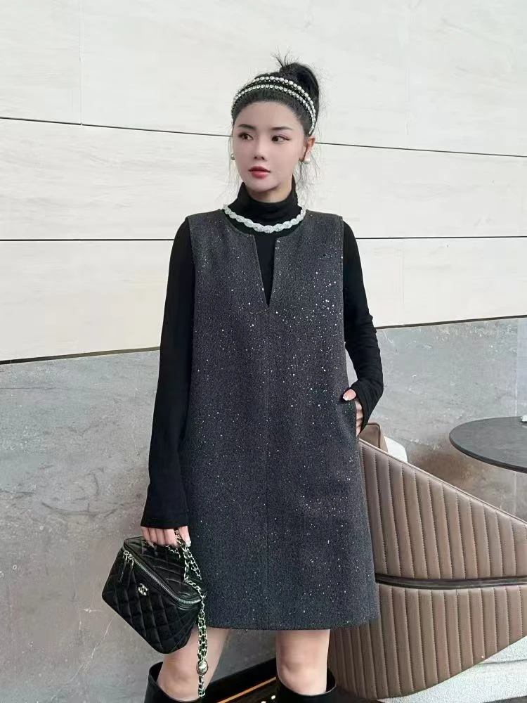 D055新款2025轻奢重工亮丝气质两件套背心裙女秋冬名媛风网红套裙