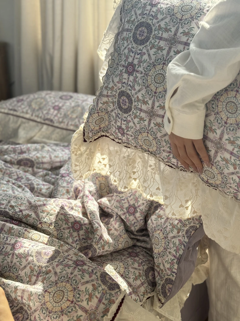 CJHong.玄紫 设计师定制款100%新疆棉全棉复古碎花双层纱四件套