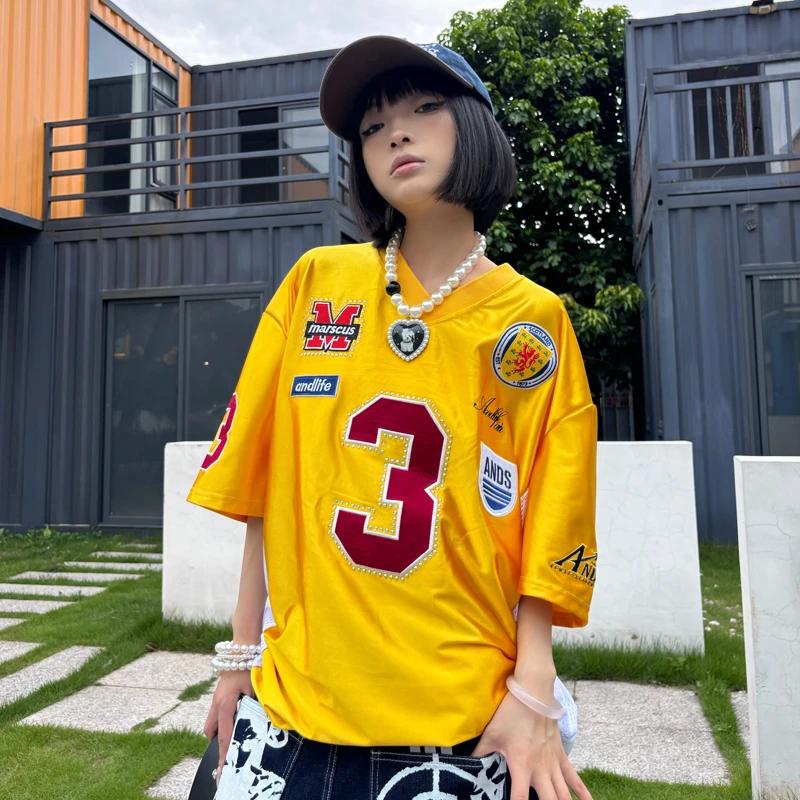 品牌小众设计球衣章仔刺绣网眼拼接3号短袖潮牌男女同款