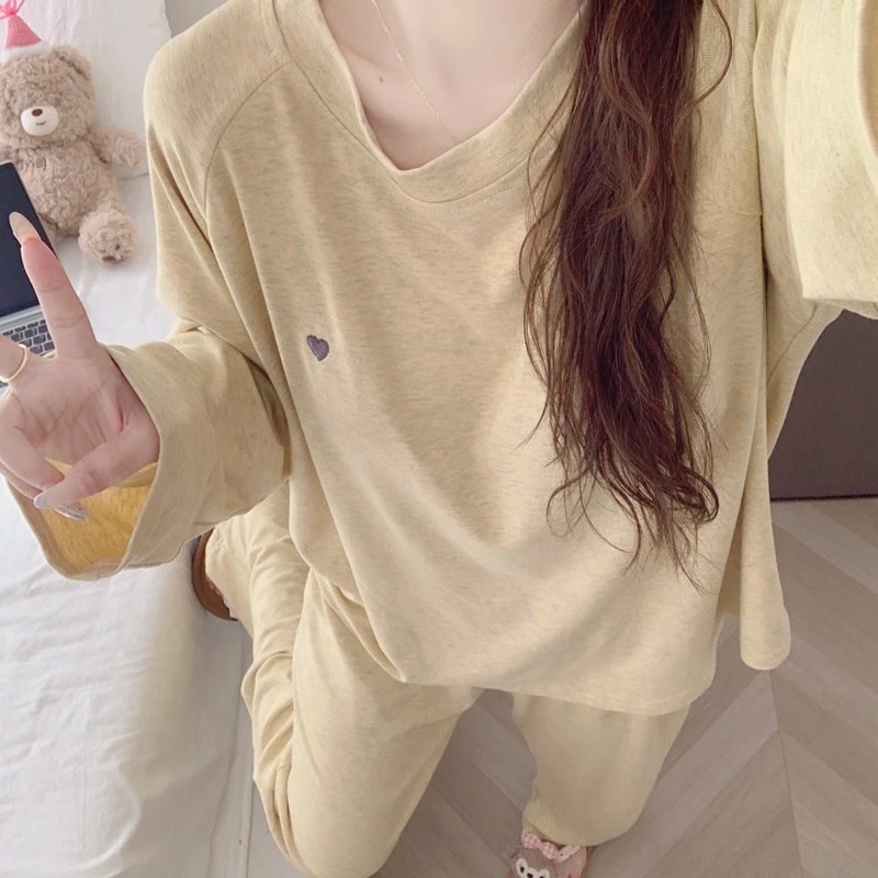 【带胸垫一体】长袖长裤睡衣女春秋季新款纯棉韩系慵懒风家居服套装