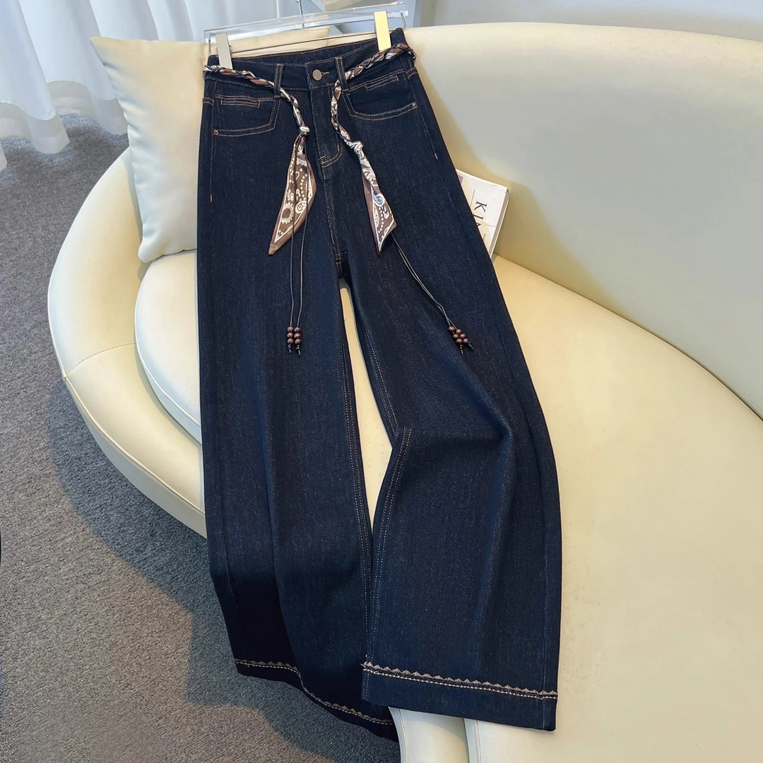 拉夏贝尔丹宁蓝小个子阔腿牛仔裤女秋2025新款爆款丝巾腰带直筒裤