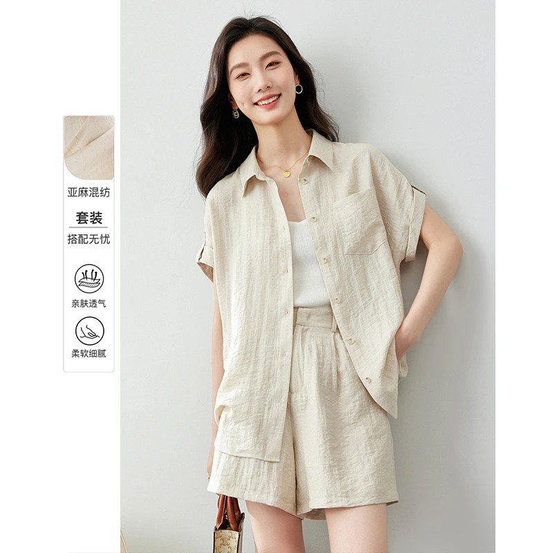 亚麻衬衫套装女夏季新款肌理感上衣短袖休闲两件套M6907