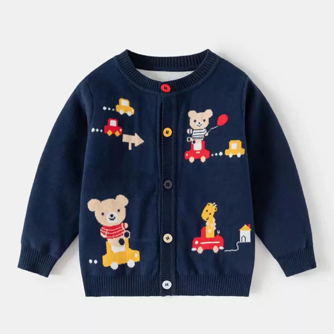 新品全棉双层纱线小熊兜风针织开衫五熊五兔植绒刺绣圆领套头卫衣