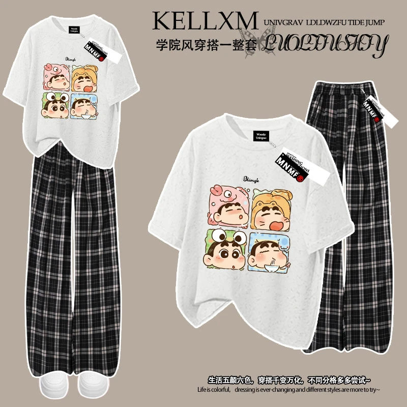 新款2025夏季男女童套装纯棉扎染短袖T恤格子裤洋气卡通蜡笔小新