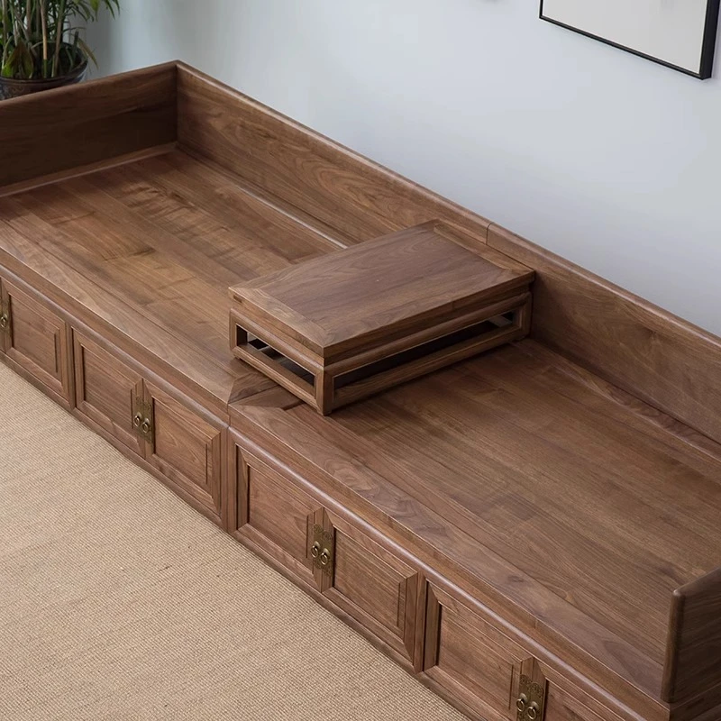 新中式黑胡桃实木罗汉床客厅榻榻米老榆木箱体沙发床禅意榫卯家具