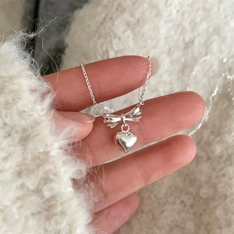坠链均925银 韩国爆款蝴蝶结爱心锁骨链项链百搭清新ins风5109