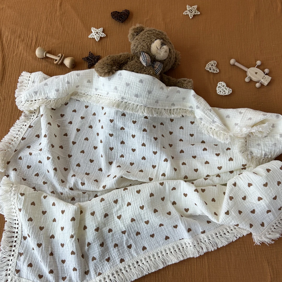 双层绉布婴儿流苏毯纯棉纱布宝宝推车盖毯夏季空调被儿童包巾毯子