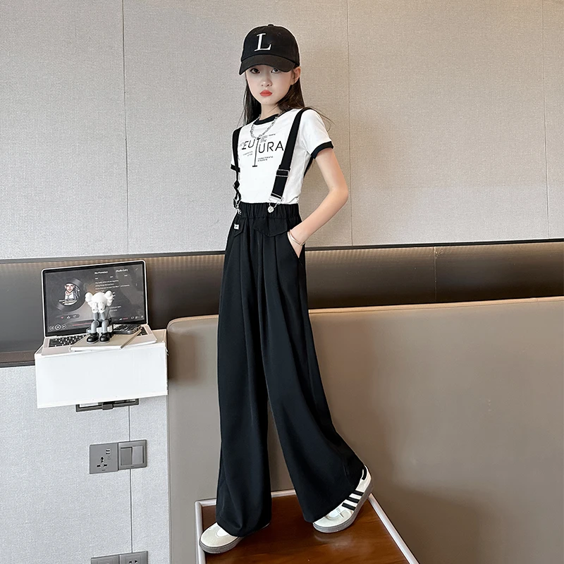 女童洋气时尚背带裤中大童直筒裤子宽松阔腿裤女孩夏季薄款休闲裤