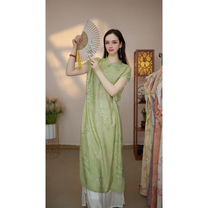 素麻【绿竹花】月亮袖023新款夏季女装连衣裙新中式气质百搭显瘦