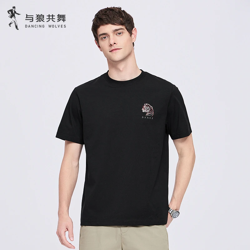 【虎头刺绣】与狼共舞25夏T恤男休闲圆领短袖透气时尚宽松百搭潮流