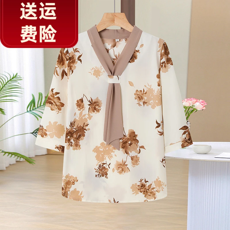 2025新款中年妈妈夏装洋气雪纺小衫2025新款50岁岁中老年女装短袖