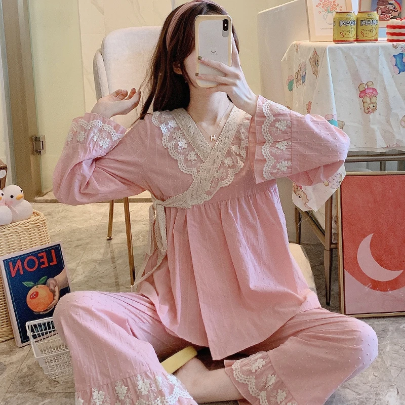 甜美公主睡衣女春秋长袖套装可爱复古和服宫廷风蕾丝家居服