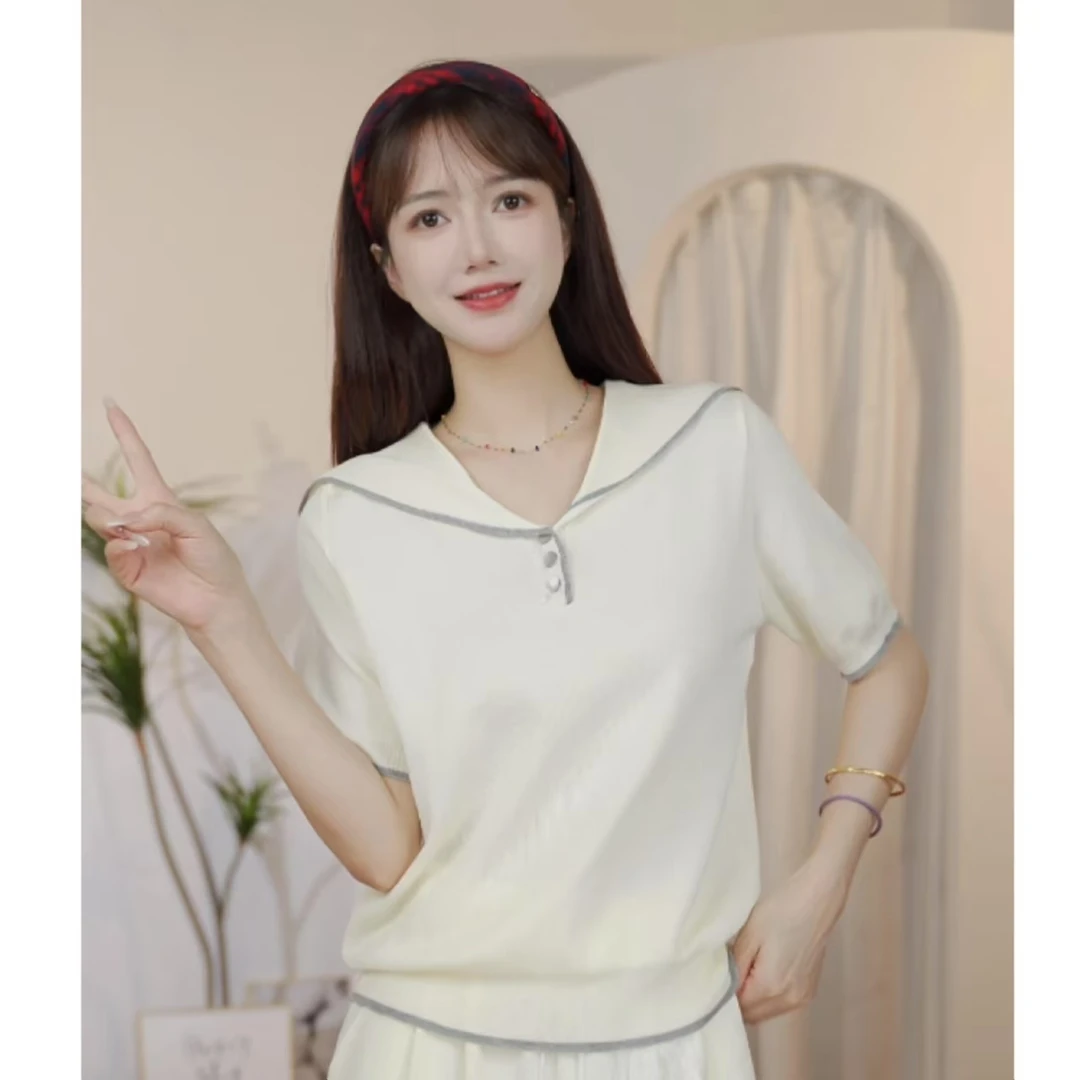 2025夏季新款时尚撞色减龄海军领显瘦短袖女气质减龄百搭休闲上衣