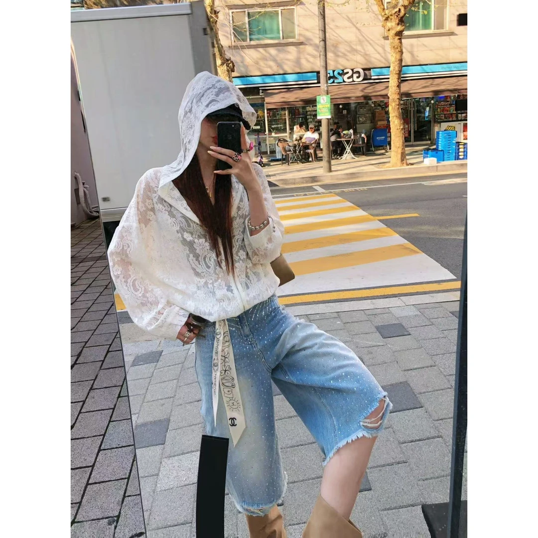 婉君【蕾丝防晒衫】韩系慵懒风蕾丝显瘦长袖连帽短外套LWJ25B2C1220