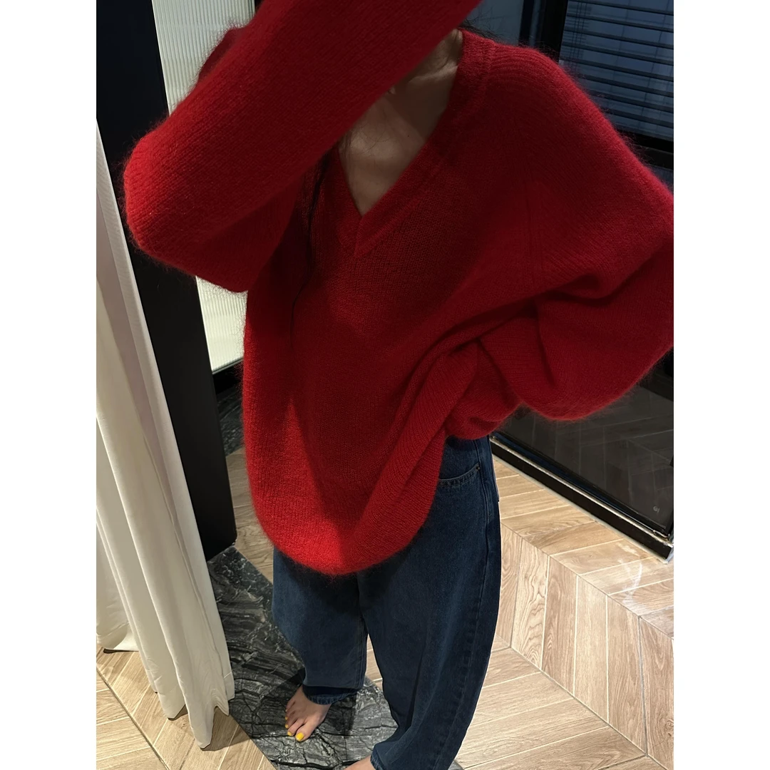 红色针织时尚慵懒风v领长袖毛衣女秋冬新款加厚家居服可外穿睡衣