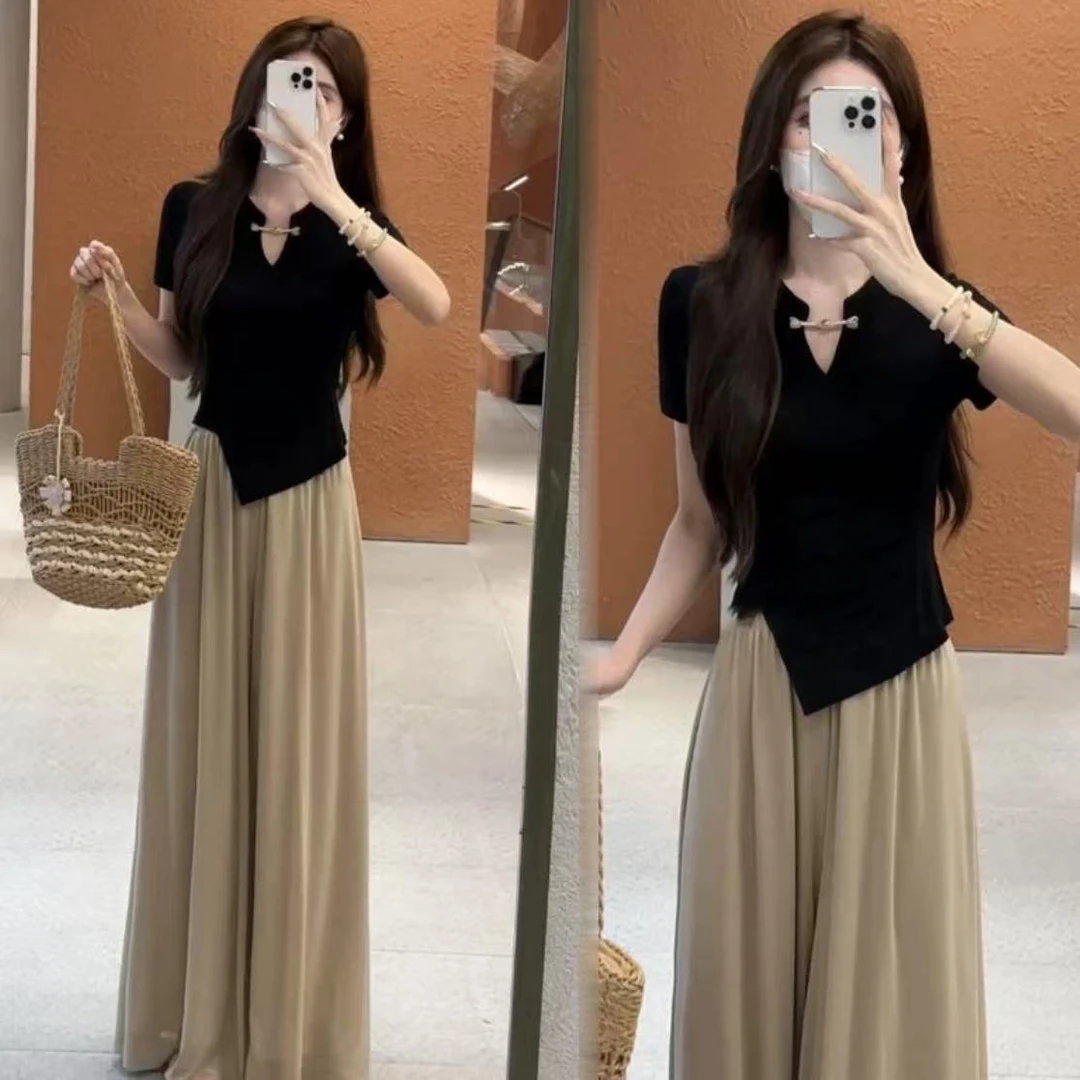 小个子定制新中式国风套装夏季复古简约不规则上衣高腰垂感阔腿裤