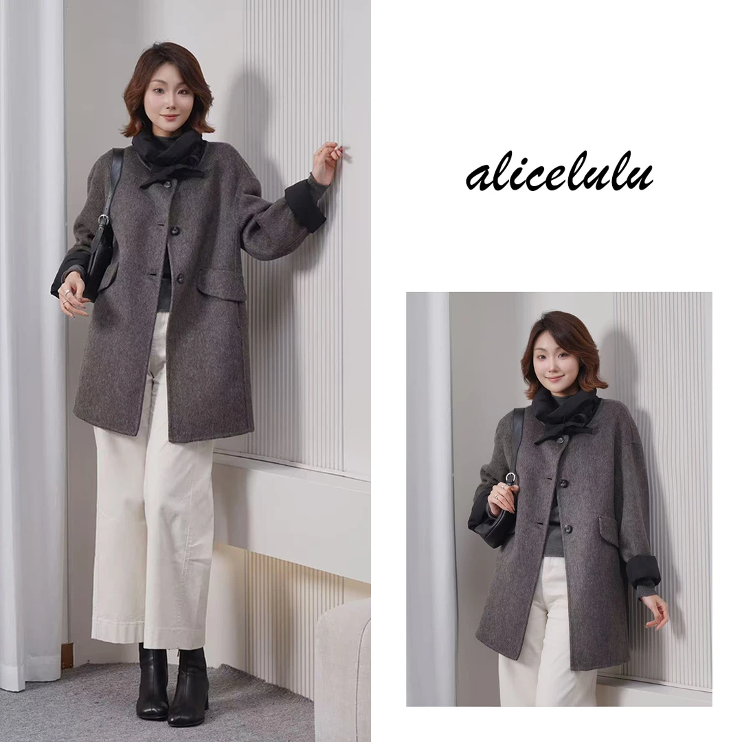 alicelulu松弛灰调.中长款毛呢大衣宽松显瘦S2145449Tr