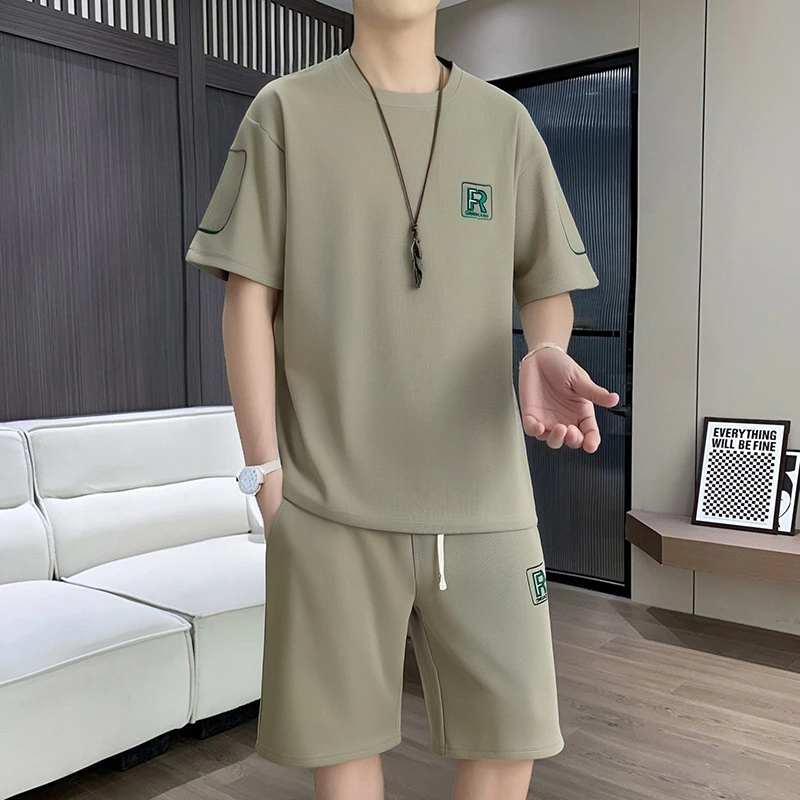 美式高街潮牌短袖t恤男款夏季扎染青少年帅气穿搭配休闲一整套装
