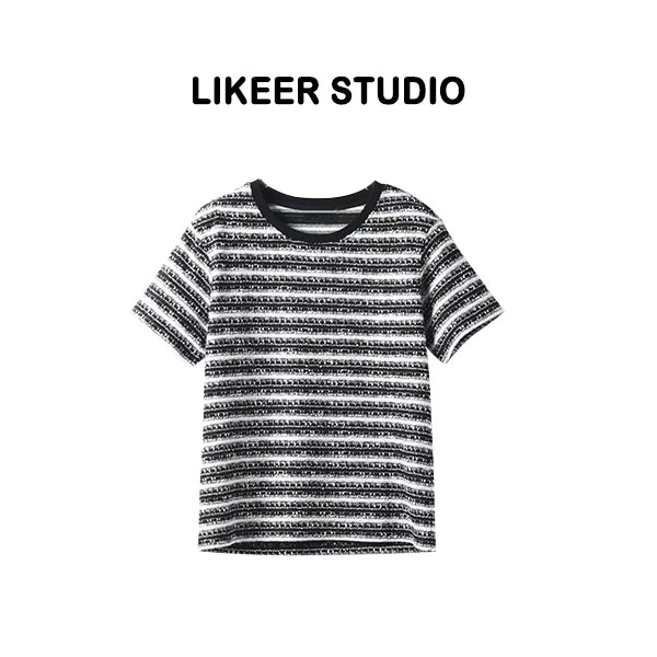 【肌理感小香风】高定条纹时尚气质百搭重工短袖T恤短袖女B058
