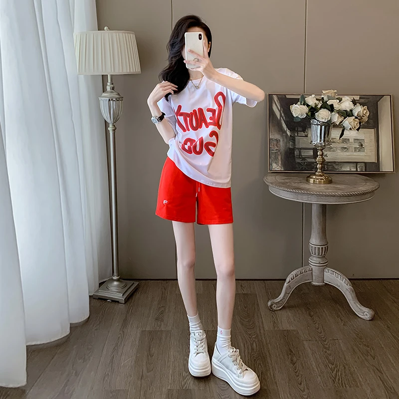 韩版时尚宽松显瘦短袖短裤运动套装女减龄休闲两件套夏季简约穿搭