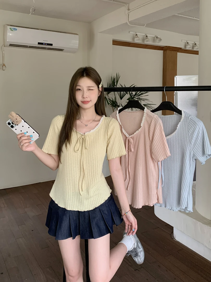 清【戴戴推荐】夏季大码蕾丝拼接圆领短袖T恤法式气质甜美上衣64112