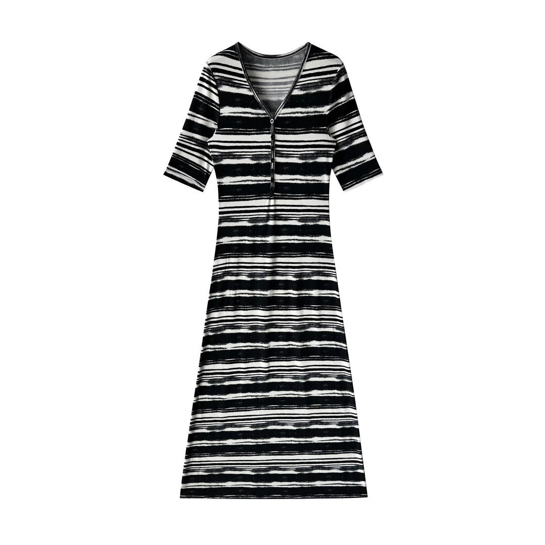 「黑白映画」法式条纹气质收腰显瘦长款A字裙短袖连衣裙