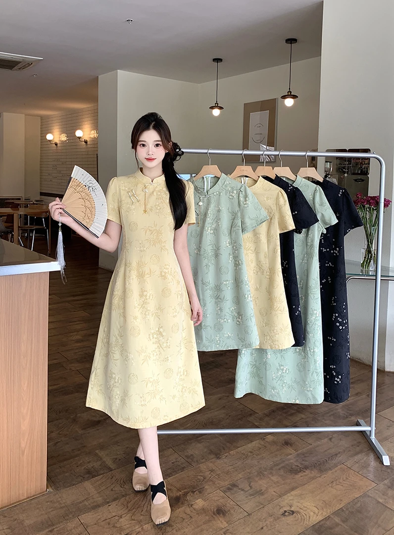 新款旗袍胖mm大码女国风新中式长短款夏装连衣裙22158+22159