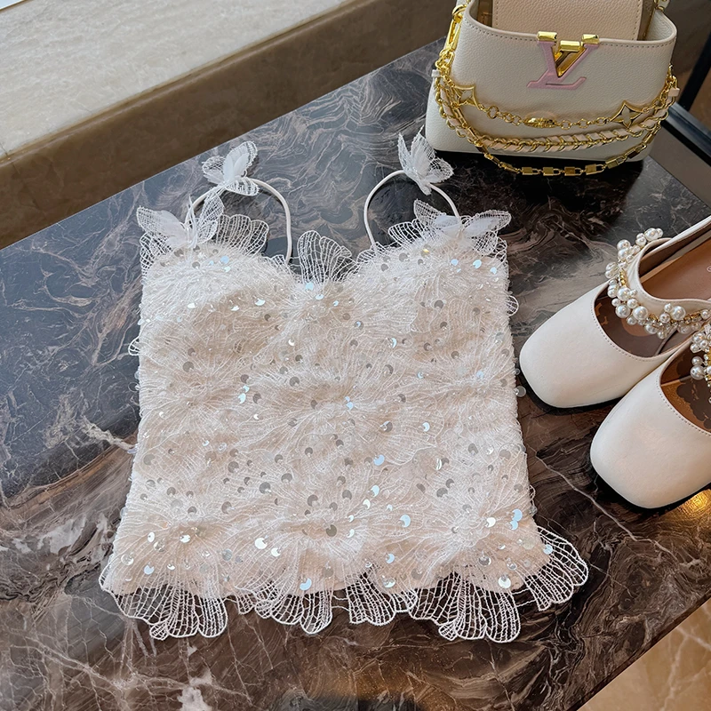 【柔雾栀子】2025原创设计重工蕾丝吊带背心女仙气内搭
