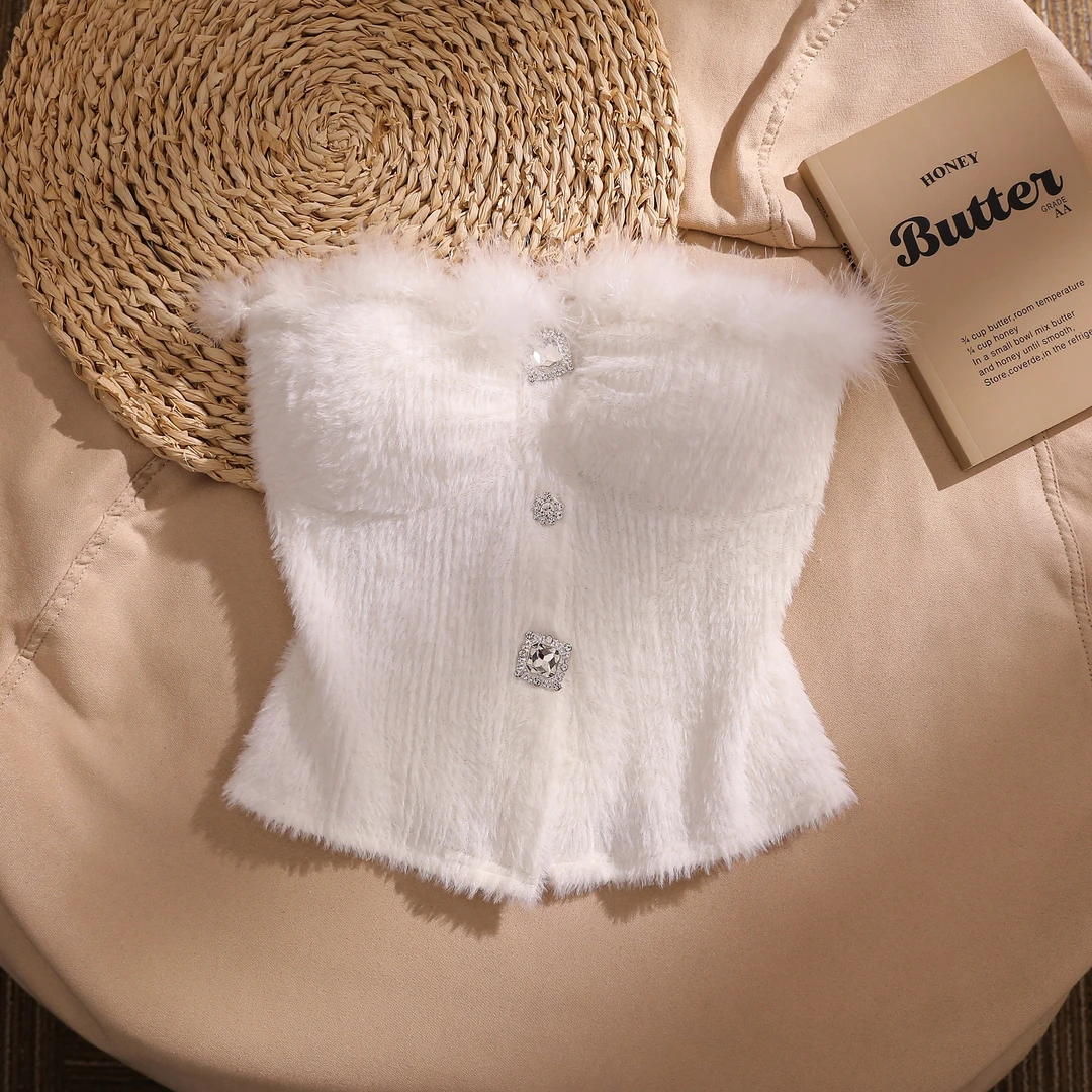 纯欲白色毛绒针织抹胸吊带背心女冬季保暖带胸垫修身内搭美背上衣