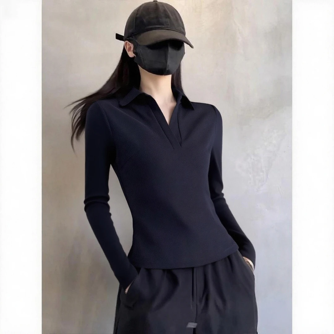 美式辣妹正肩POLO领长袖打底衫女内搭早秋冬新款修身t恤黑色上衣