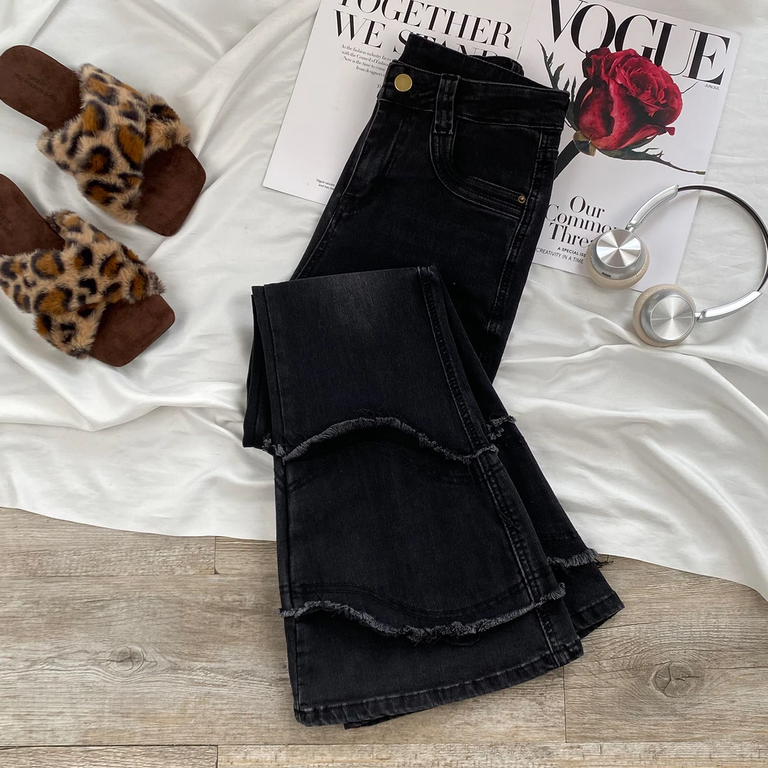 黑灰色毛边微喇叭牛仔裤女2025冬季加绒保暖新款小个子高腰马蹄裤