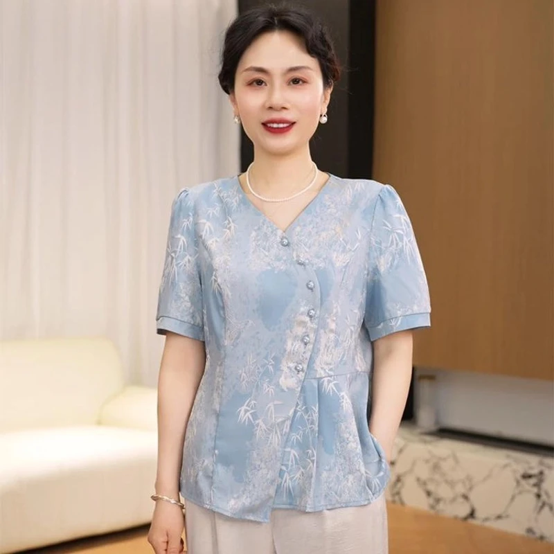新款妈妈装夏季时尚套装中老年女装宽松两件套高档洋气母亲上衣服