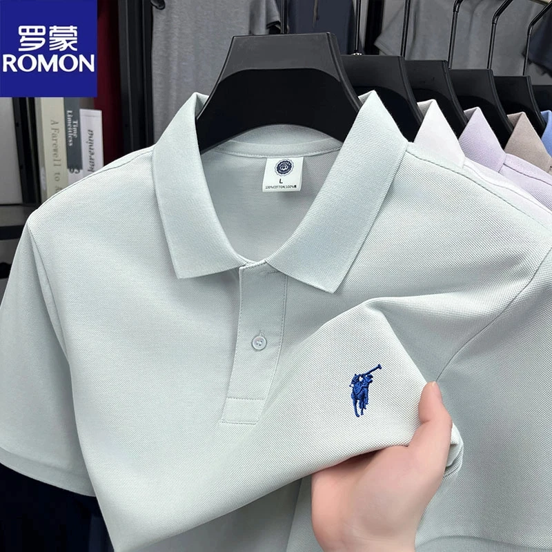 罗蒙正品100%棉POLO衫短袖休闲潮流男士新款纯色刺绣翻领T恤夏款