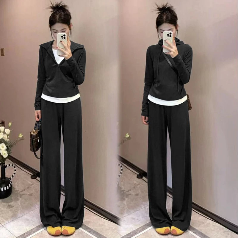 连帽假两件运动套装女秋季新款宽松显瘦半拉链休闲长袖简约两件套