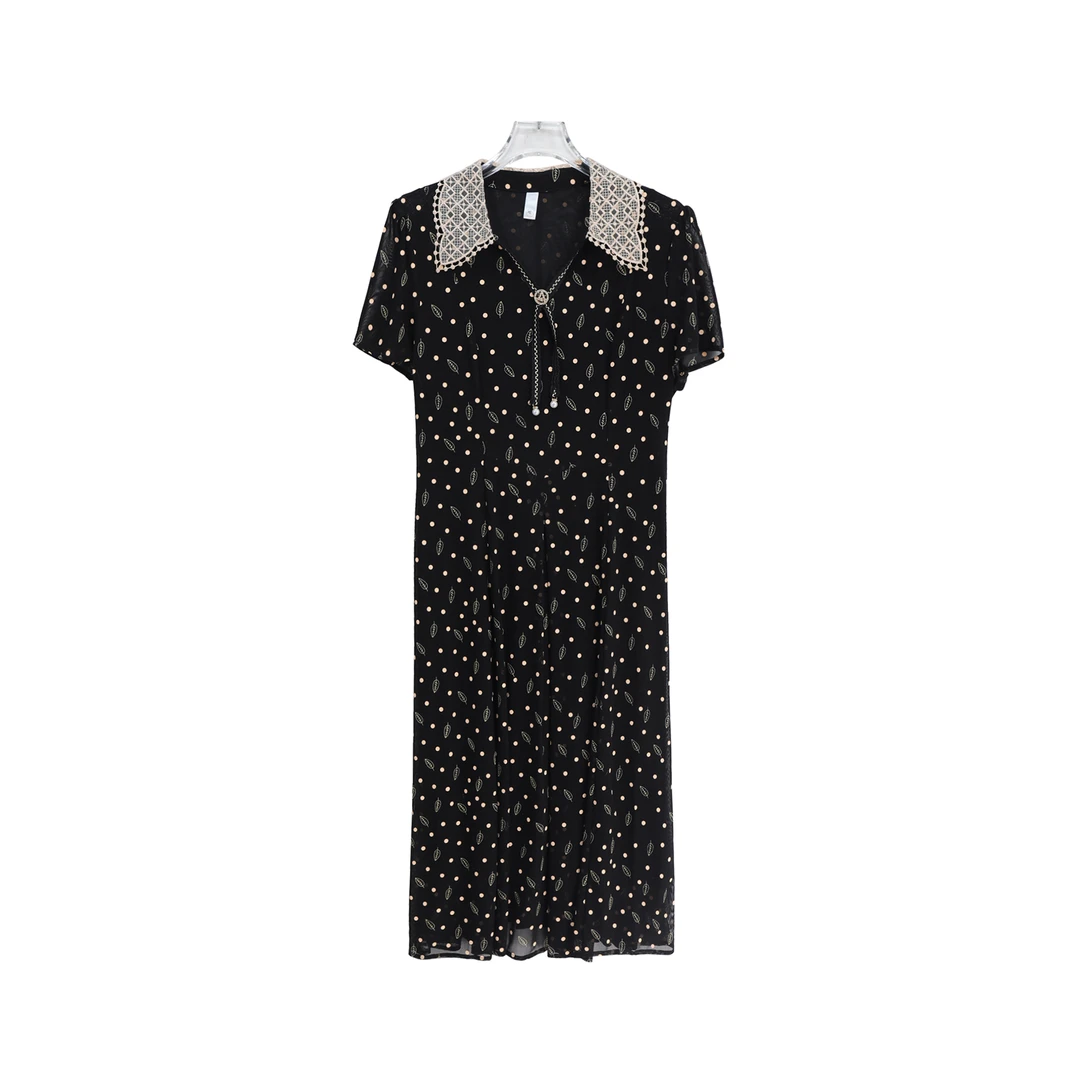 时尚夏季优雅波点印花显瘦蕾丝拼接连衣裙S1911