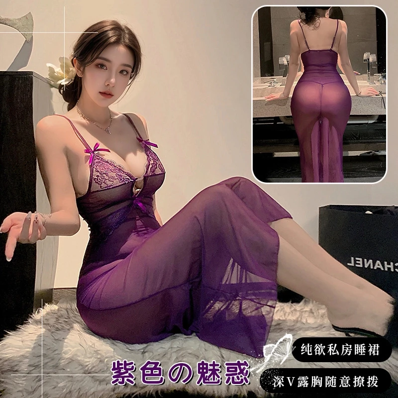 紫色韵味蕾丝睡裙性感后妈长裙夏季薄款网纱睡衣气质显瘦火辣战袍