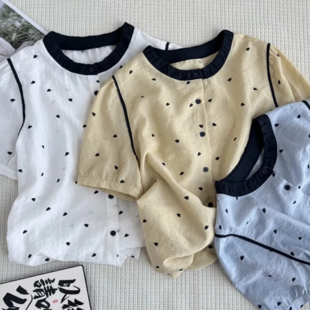 2025夏季新款韩版圆领刺绣爱心撞色衬衫韩系显瘦百搭短袖衬衣女