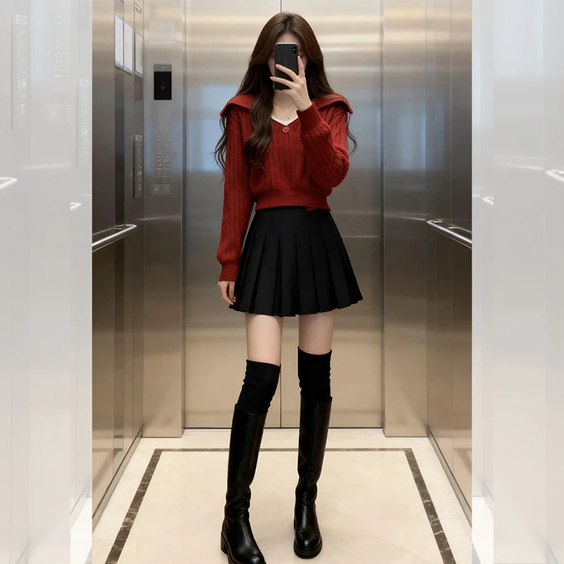 韩式早秋穿搭宽松软糯慵懒风毛衣多巴胺巨好看红色小香风套装女