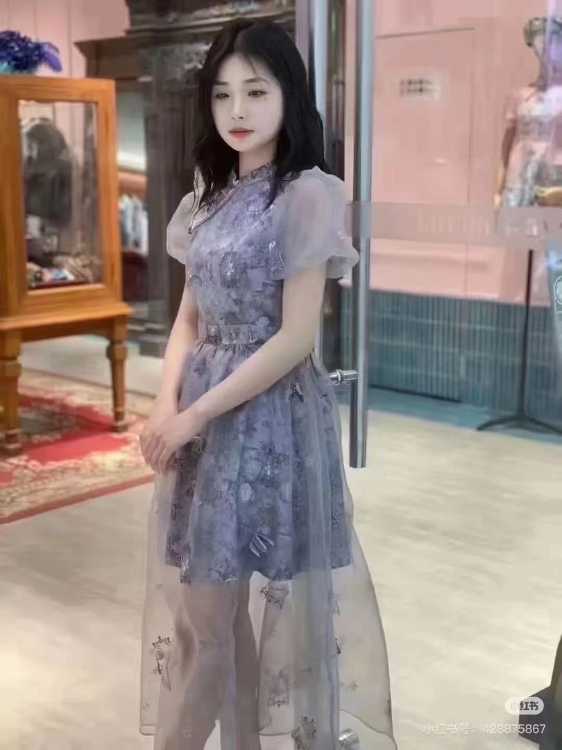 紫色复古高腰蛋糕连衣裙女2025新款收腰印花绣泡泡袖长款裙子