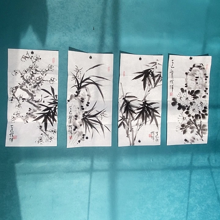 国画四尺四开手绘四条屏