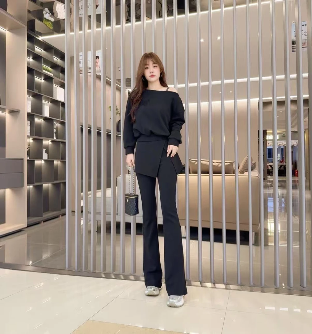 2039秋季露肩斜肩上衣休闲法式套装秋季气质两件套微喇气质