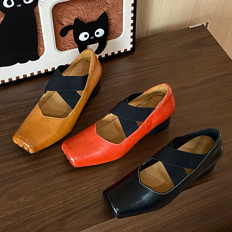 【M.nk HOME】高跟浅口重工水洗马皮交叉绑带方头玛丽珍芭蕾舞鞋