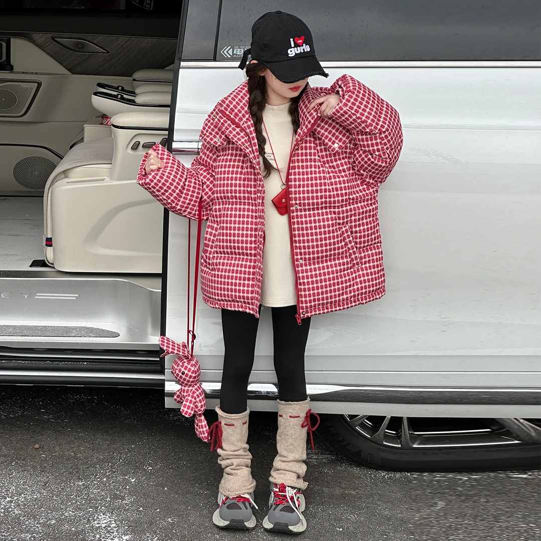 女童红格子棉服冬季2025新款洋气中大童时髦连帽儿童衣服秋冬款