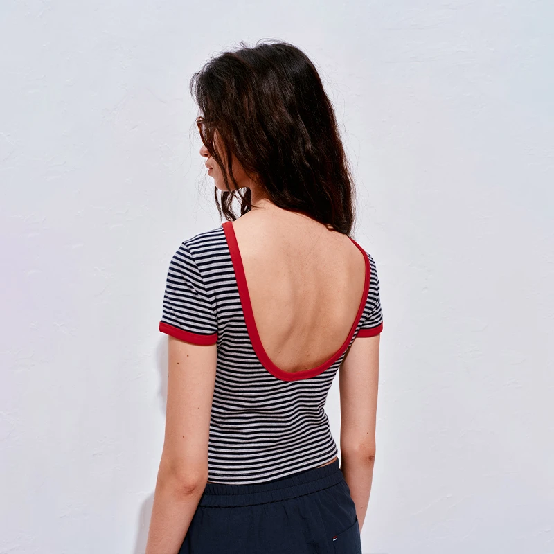 NUTH复古条纹撞色露背圆领修身短袖T恤女