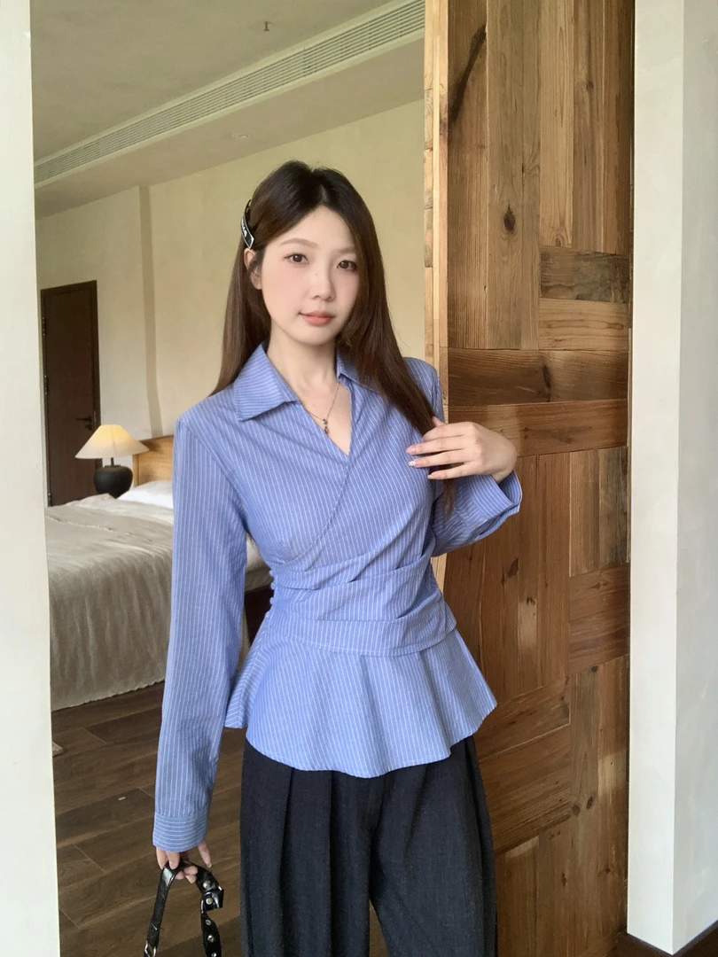 设计感褶皱条纹衬衫女2025秋季新款韩系气质休闲百搭收腰显瘦上衣