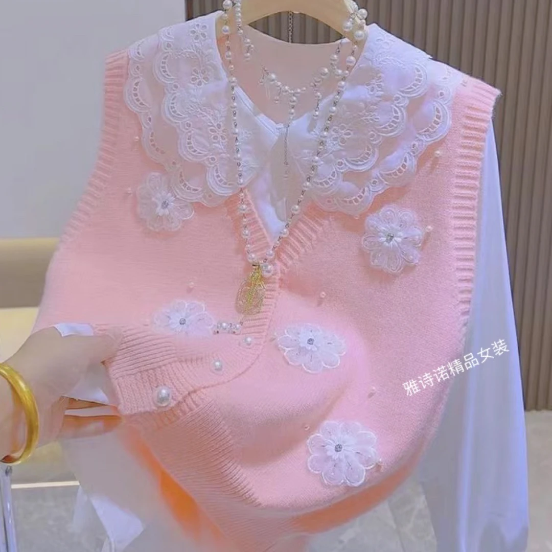 软糯甜美立体花朵针织马甲娃娃领衬衫女时尚减龄设计感叠穿两件套