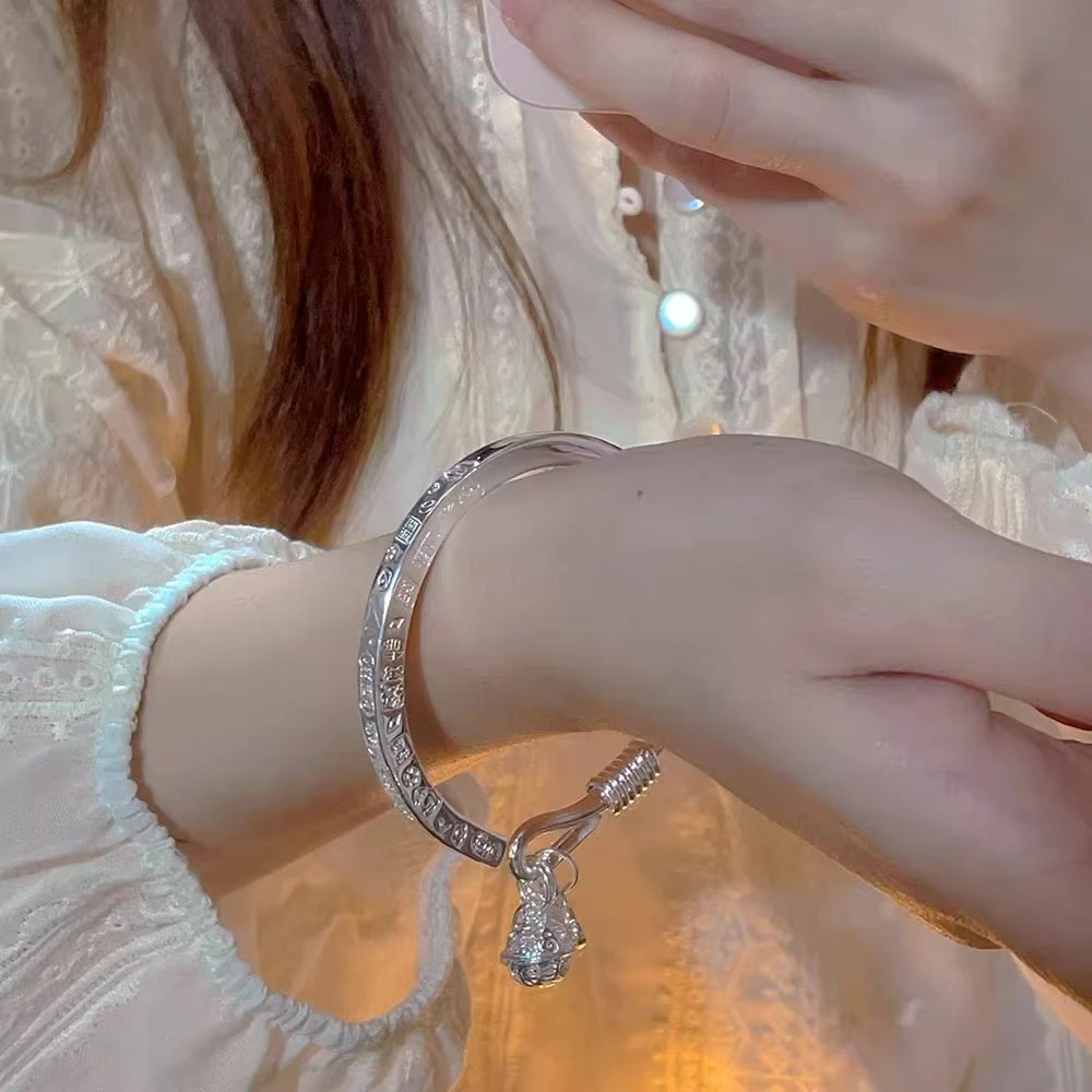 足银手镯 999.9【S144】四方吉言宫铃民族风平安喜乐开口手镯礼物