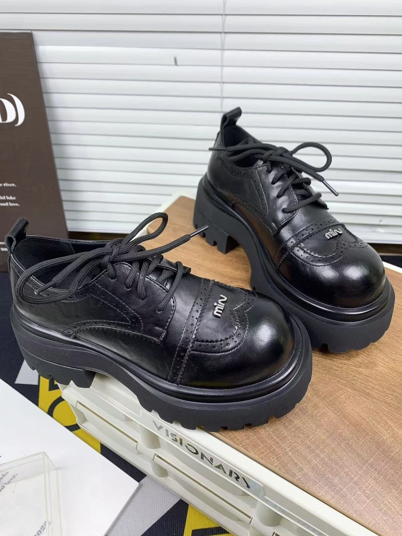 【左左家】真皮系带JK黑色小皮鞋女2025春季新款厚底工装乐福鞋单鞋