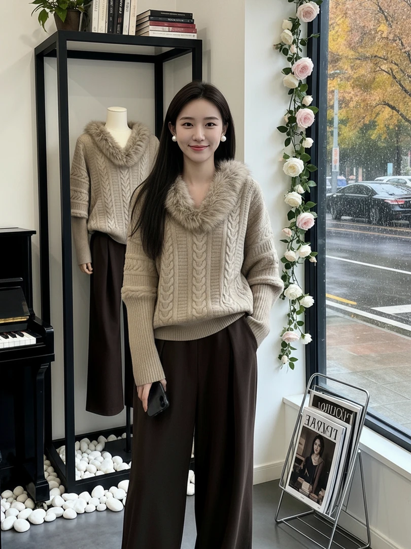 【现货】秋冬季新款气质燕麦毛衣上衣韩系慵懒风大毛领麻花针织衫女